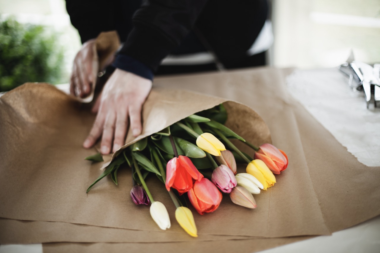 Flowers being wrapped